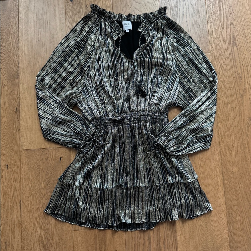 Misa Los Angeles Shirin Mini Tiered Dress - Metallic Multicolour - Size S - EUC - Picture 6 of 10